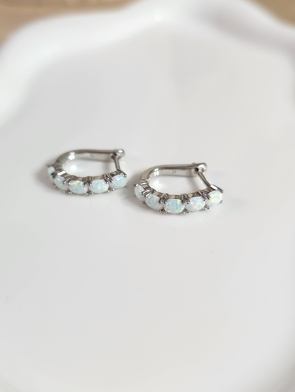 18k White Gold Plated Opal Hoop Earrings